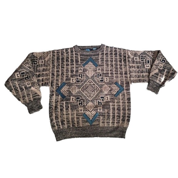 P.J. Henry Sweater Men's Size Large Black Brown Vintage 90's Leather Inserts - Picture 1 of 9